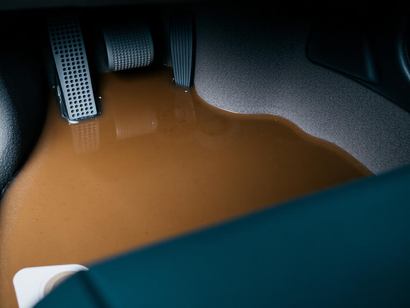 Interior inundado con agua estancada en el piso del vehículo antes del desinundado