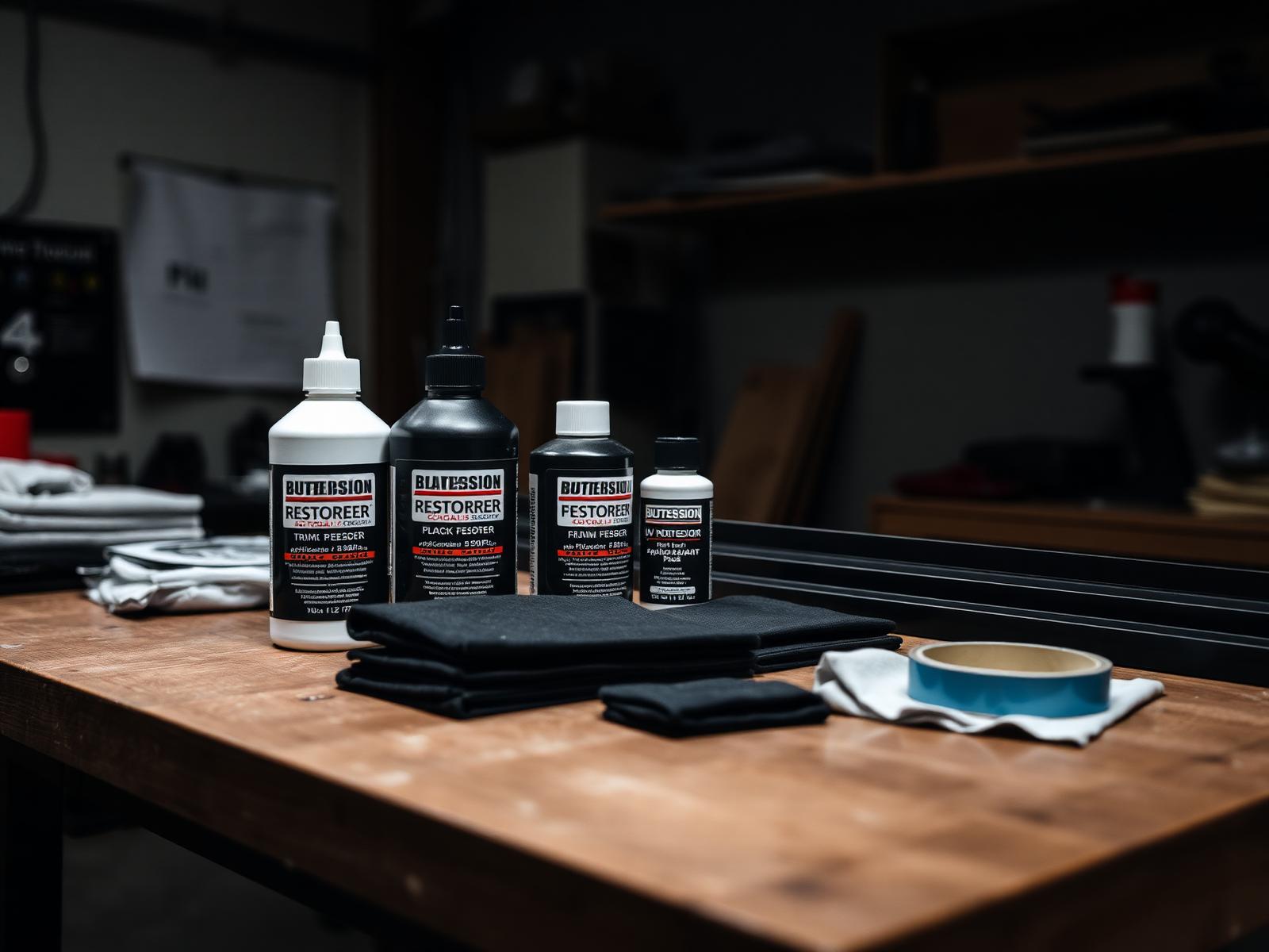 Productos profesionales de Carsmot para restauración de partes negras: restauradores, protectores UV, aplicadores y microfibras