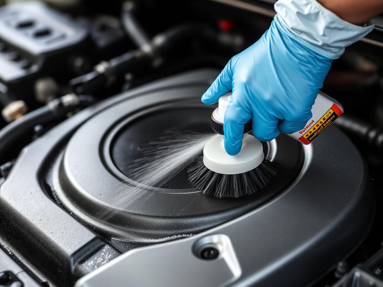 Aplicación de desengrasante especializado con brocha técnica en el motor
